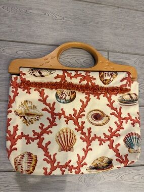 Vintage Handmade Bermuda Bag/ Clutch Seashell & Coral Print Wooden Handle